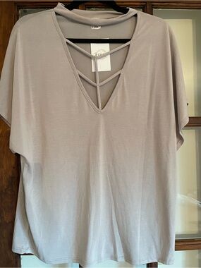 Light Taupe Crisscross V-Neck Short Sleeve Top by I Joah